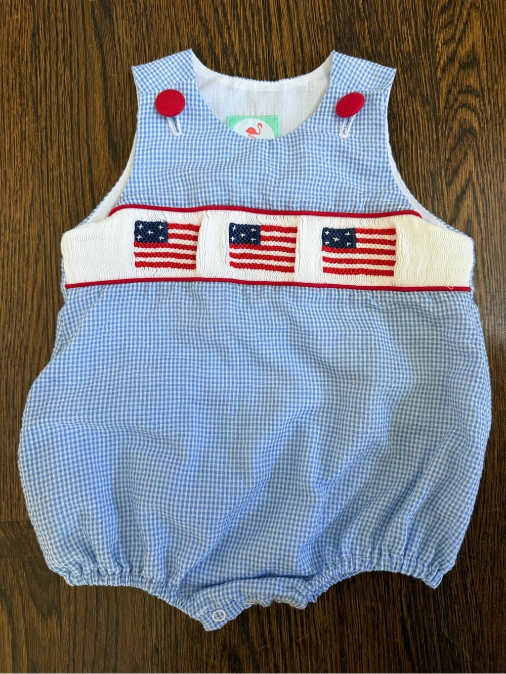 Smocked Flamingo Blue Gingham Baby Romper with American Flag, 4th of July